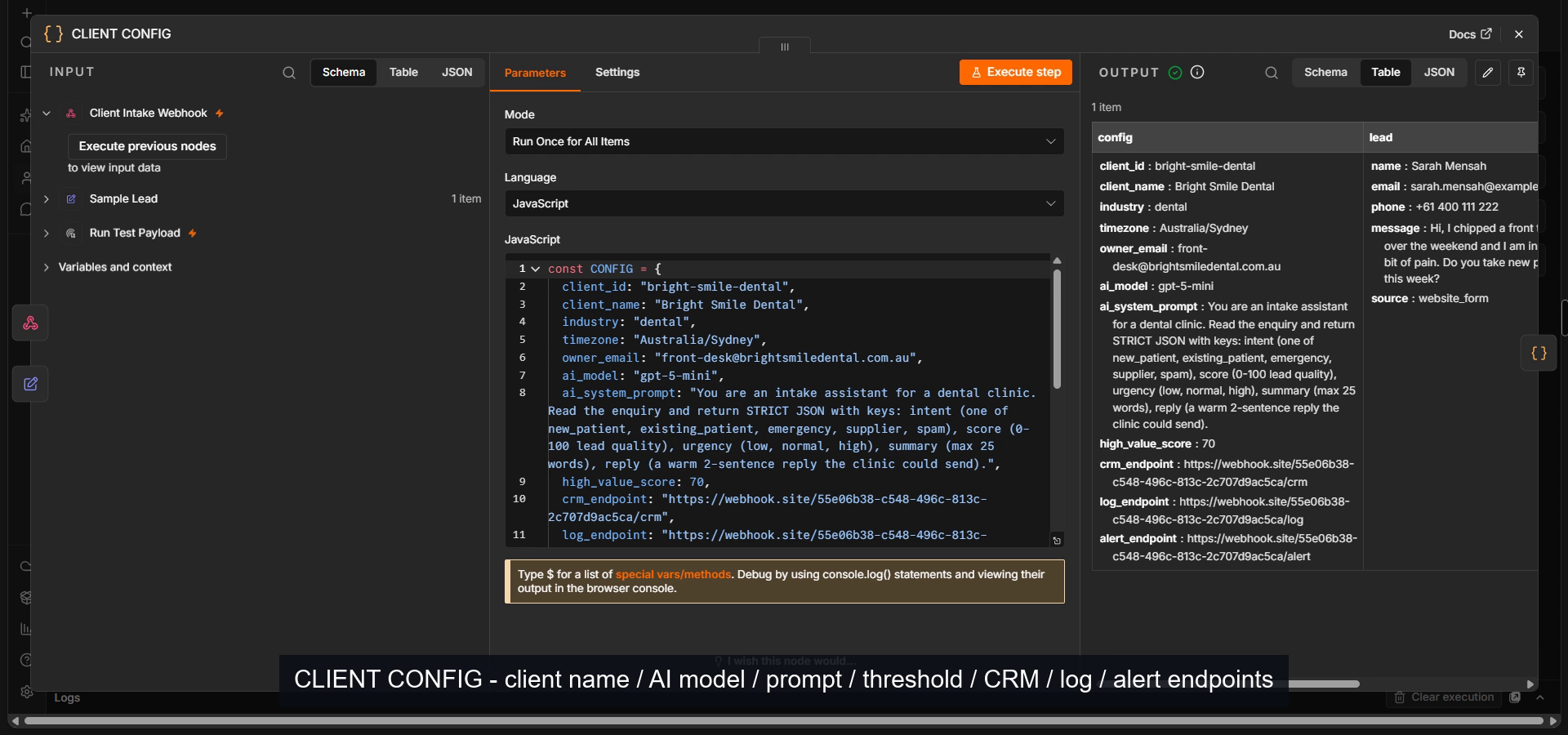 Client config for a dental clinic: intents, threshold and endpoints