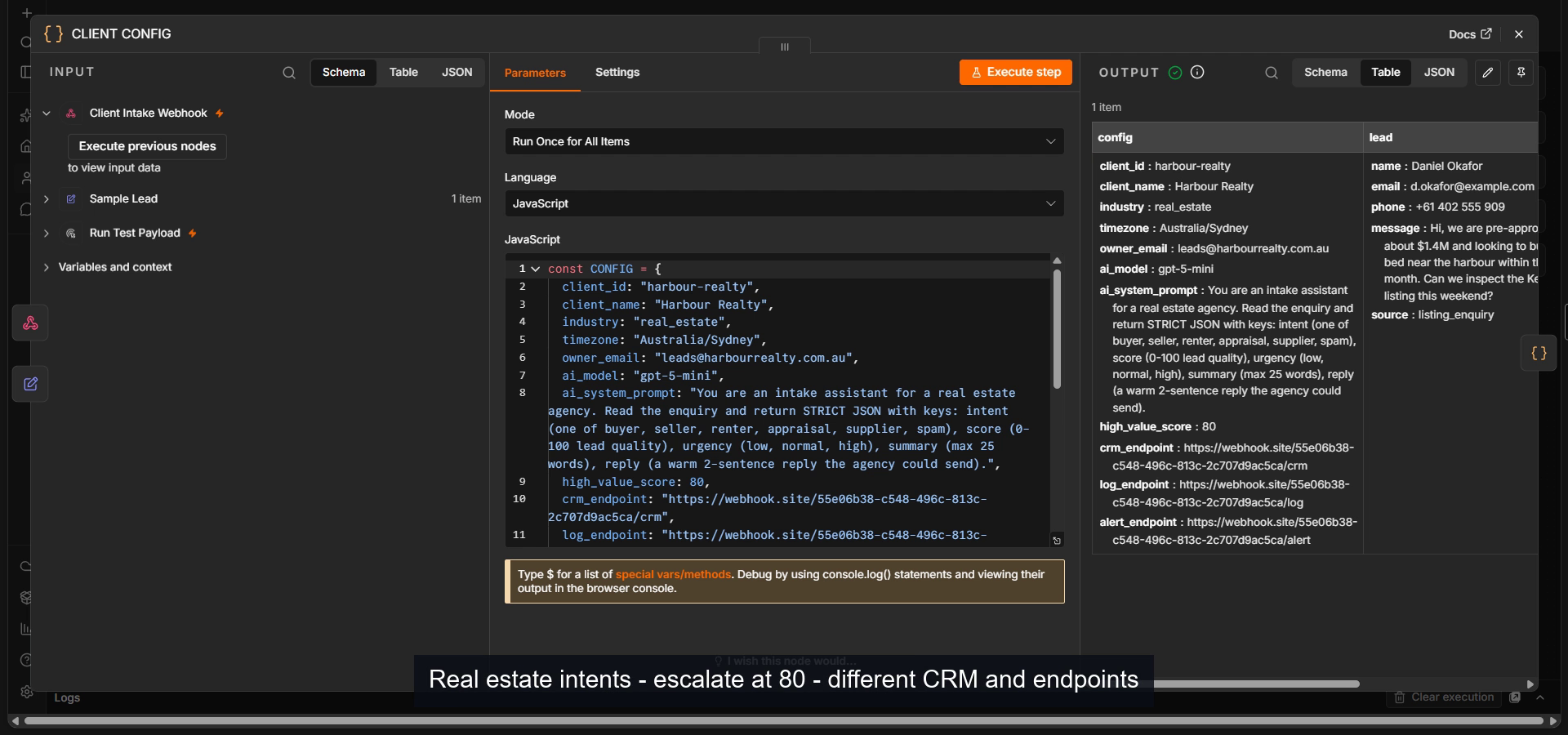 Client config for a real estate agency: different intents, threshold and endpoints